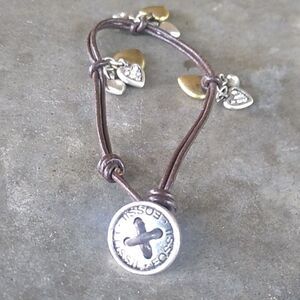 Fossil Gold & Silver tone Hearts Corded Bracelet w/ Button Toggle Clasp